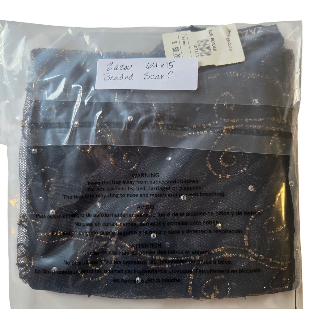 Zazou Black Sheer Mesh Beaded Scarf Amber Bronze Scroll Sequin 64x15 NWT India